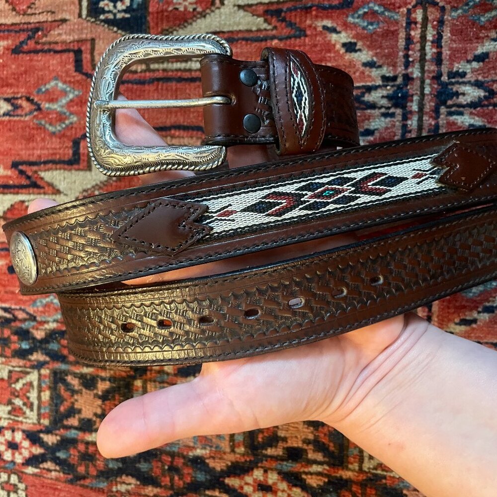 Wrangler Southwestern Tooled Stitched  Brown Leather Belt